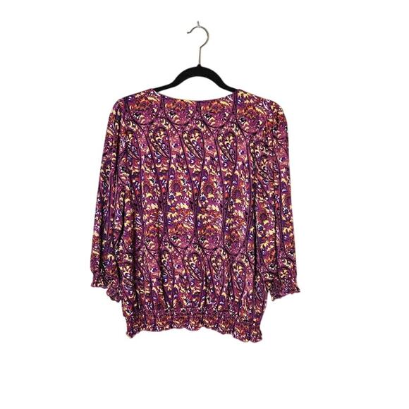 Melloday Womens Paisley Wrap Top Size XL Purple Smocked Hem Bohemian - Picture 3 of 11